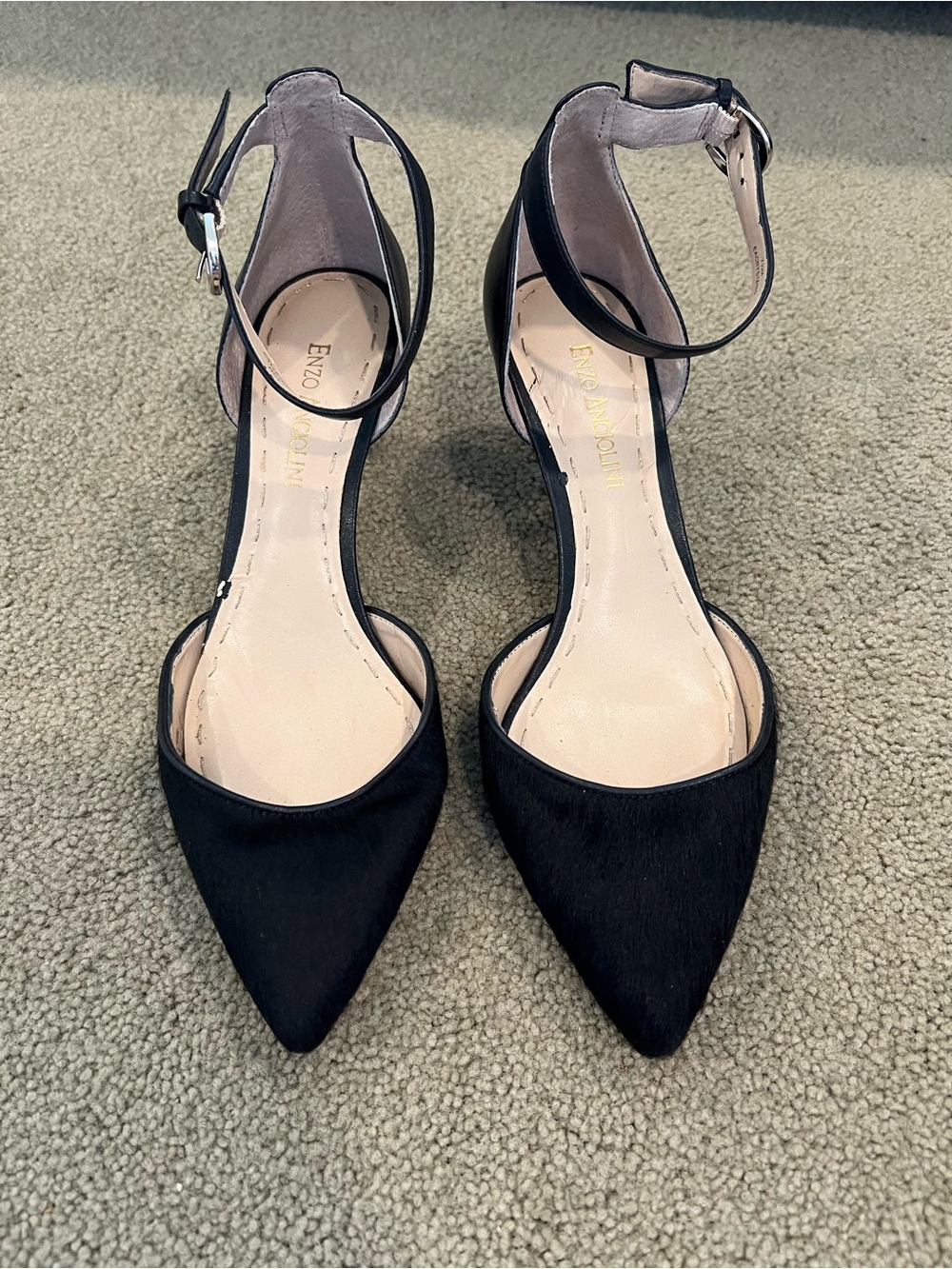 Enzo Angiolini Black Haircalf Ankle Strap Pointed Toe Heels Size 7.5M